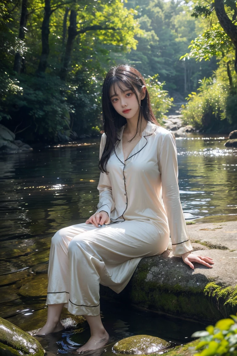  dark haired, (whole body),  wearing medieval long cotton pajamas,  sitting on a rock , feet in the water,  wet hair , The background is a forest, Sunset, (masterpiece,  is the best quality, Awards,  high resolution),  skinny ,  Intricate and beautiful design ,  highly detailed beautiful faces ,  super detailed beautiful eyes ,  A Faint Smile, Sitting by the creek , forest, Leaves flow, Windy, sun lights through forest, Fantasy Art, Dynamic Lighting,  movie lighting, Hyper-Reality, Extremely CG details , Octane Rendering, (Artistic + masterpiece:1.4), ( very detailed eyes ), (8K, Realistic, Photo RAW,  is the best quality: 1.4), ( Ultra HD), ( Ultra realistic ), ( Ultra HD), ( super detailed), (Realistic脸), Beautiful hairstyle , Realistic明亮琥珀色眼睛,  beautiful details , (Realistic皮肤), pale, Delicate and smooth skin ， iridescent ，Flawless,  Ultra HD,  Super Realistic ,  height detail , (Rift: 0.8)