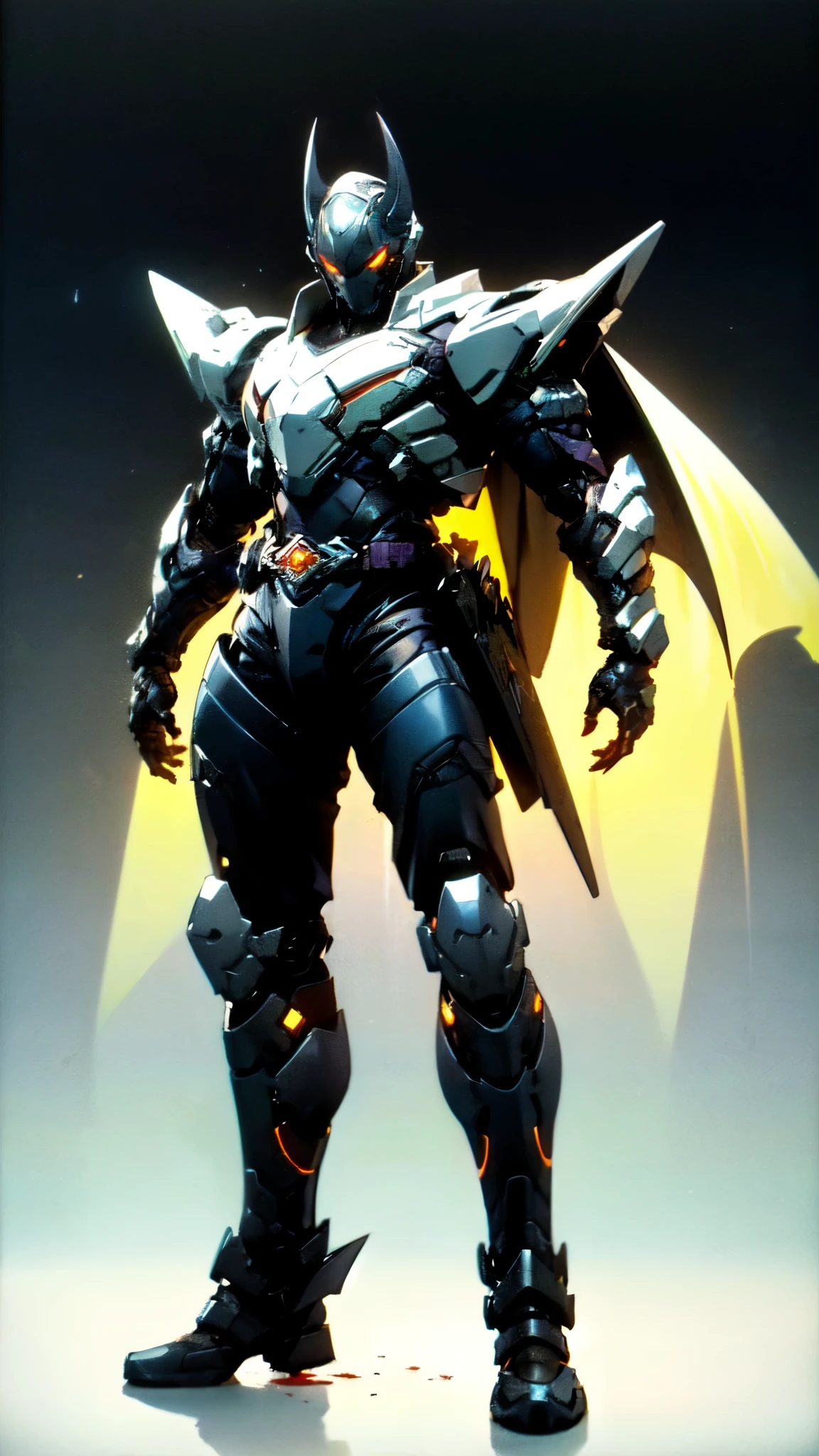 (masterpiece:1.5, best quality:1.5, extremely delicate:1.5), ((male:1.5)), a man wearing a full-face helmet, high-tech biomimetic armored combat suit, (a composite layered chest armor), the design balances heavy with agility, fully enclosed shoulder guards, matching arm and leg guards, a belt of gemstone, (the color scheme is primarily Red with Purple and Yellow accents, Organic Biotech, Concept Inspired by Vampire, glowing eyes, armor glows, huge cloak like devil wings, blood), stand of a futuristic sci-fi city, this character embodies a finely crafted fantasy-style armored hero in anime style, exquisite and mature art style, metallic, high definition, highres, ultra-detailed, ultra-fine painting, professional, perfect body proportions, golden ratio, anatomically correct, symmetrical face, extremely detailed eyes and face, high quality eyes, creativity, RAW photo, UHD, 32k, Natural light, cinematic lighting, (masterpiece-anatomy-perfect:1.2)