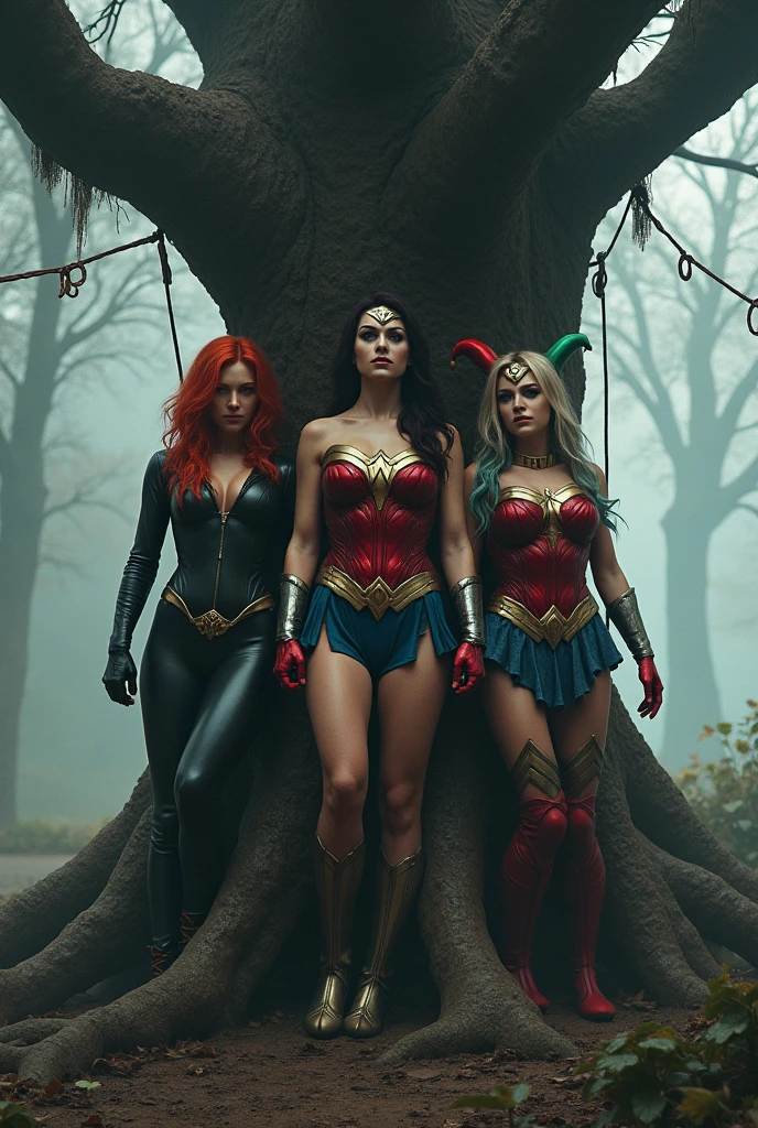 ultra realistic, photography, three girls: one with long straight red hair, (30 years old, hourglass figure, perfect body, natural medium breasts, wearing a poison ivy costume, green sheer flower leotard, green pantyhose, green ankle high heel boots), the second one: long black straight hair, (30 years old, hourglass figure, perfect fit body, natural big breasts, wearing a sexy black catwoman costume), the third one with long straight blonde hair, (wavy elegant hair, blue eyes, perfect round lips, 30 years old, gorgeous face, voluptuous figure, perfect fit body, big enhanced breasts, wearing a Emma Frost costume, wearing a white leotard, white thigh high boots, a white fur cape, white long gloves), they have perfect round cleavage, great cleavage, they are walking through a destroyed city, explosions and chaos in the background
