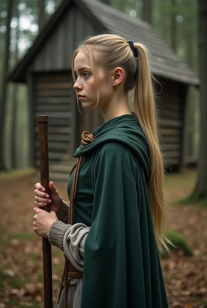 beautiful and blonde viking girl blowing a horn in the forest