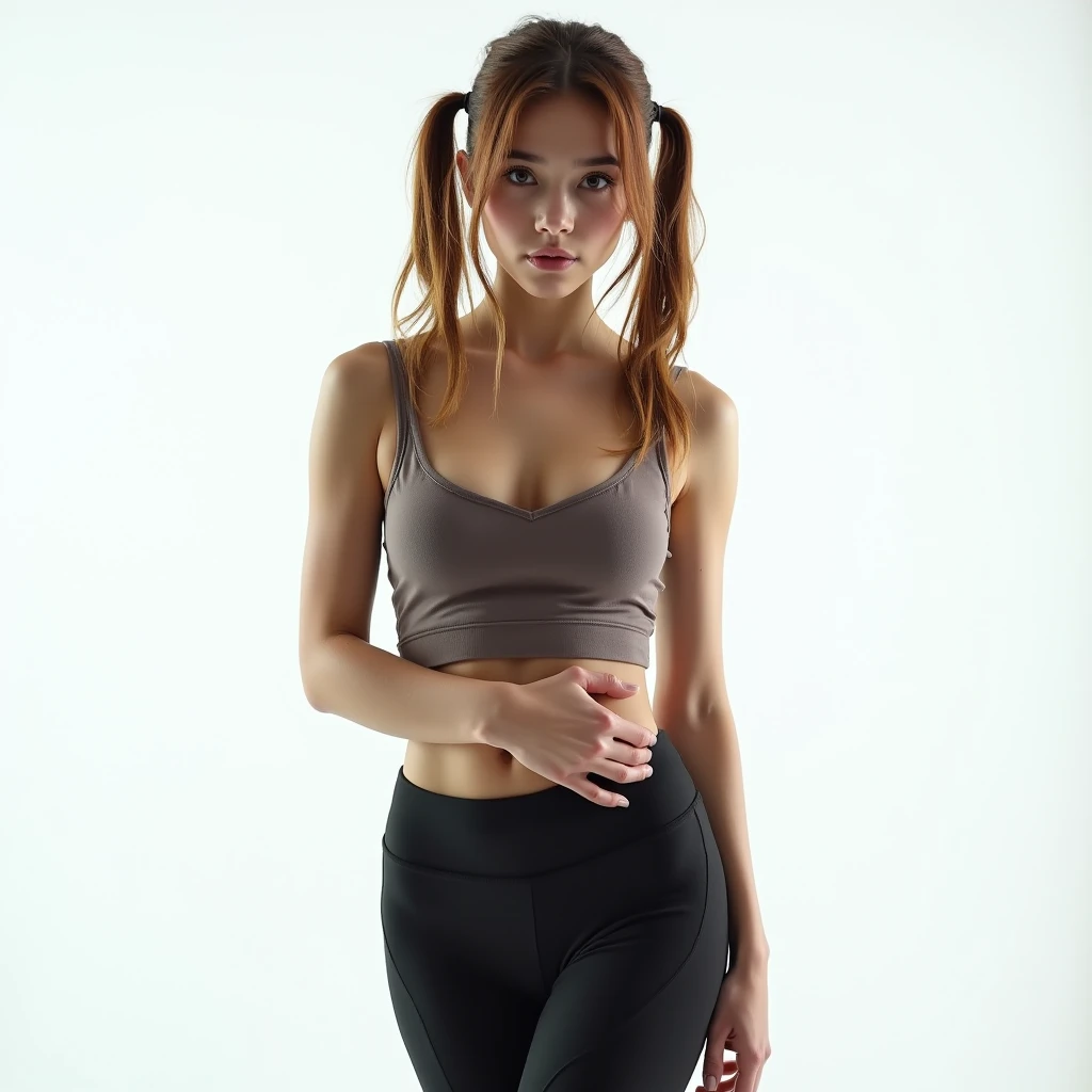 A high-key photo of a 18 years old european alt-girl, brown hair with dyed hair in pigtails, wearing camisole and  leggings, looking seductively at a camera. full body shot. middle  size