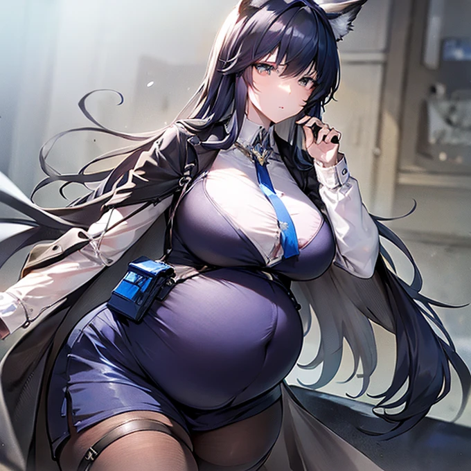  super clear , 最  High Quality  ,  super detailed, 4K,  1 girl, (8k,  High Quality  ,  Masterpiece  , 最  High Quality  ,  super detailed, Detailed aspects ,  one woman,  one woman ,  one girl, Texas (  Arknights  ), Alone,  animal ears  , Long black hair , Black Hair,特大のBig Breasts, 特大Big Breasts,  huge thighs  , ((Big Breasts, Big Breasts,  huge thighs  , Big belly ))  Dynamic Poses ,Huge belly