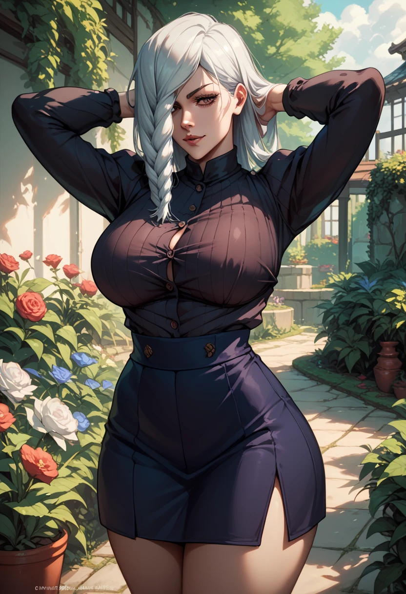 Mei Mei from the anime jujutsu kaisen, big breasts, big butt, standing in a garden, hands behind her head, long white hair, plaited hair covering the left part of her face, front view, skirt slit on both sides showing her thighs 