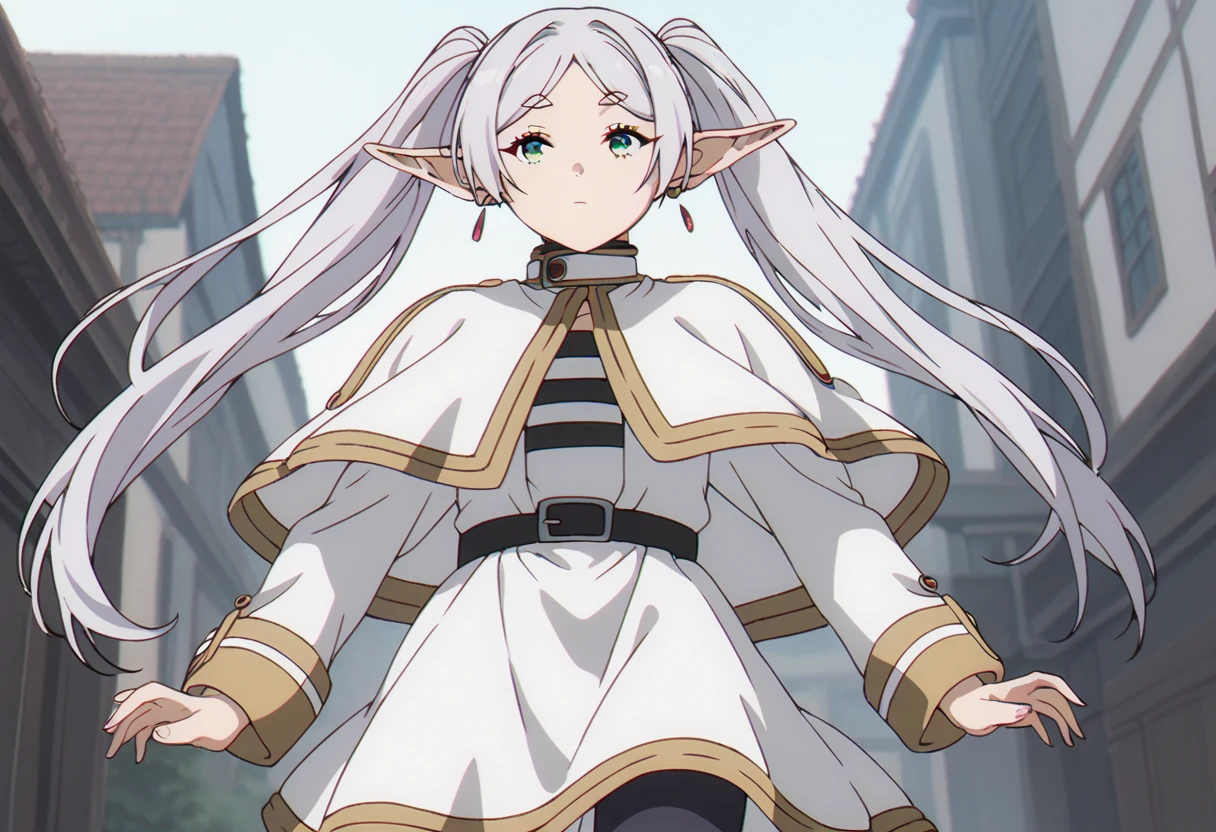 score_9_up, score_8_up, score_7_up, source_anime, detailed face,detailed body,detailed eyes,perfect eyes, Highest Quality, zzFrieren, long hair, twintails, green eyes, grey hair, pointy ears, elf, shirt, long sleeves, jewelry, earrings, striped, capelet, striped shirt, white skirt, black pantyhose,