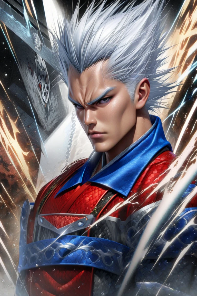 Screenshot of my hero academia man disheveled white hair red eyes dark circles scar next to the mouth with the U uniform.A