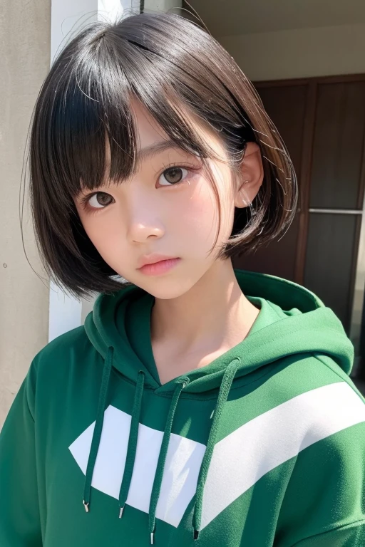 Geometric background:1.3、Dark、Cute girl hair、avert your eyes、White BuggyＴshirt、プリントshirt、Loose-fitting clothing、Retro、highest quality、Ultra-detailed、High quality details、green