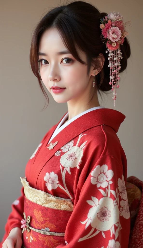 Portrait of a beautiful Japan woman in kosode with sash