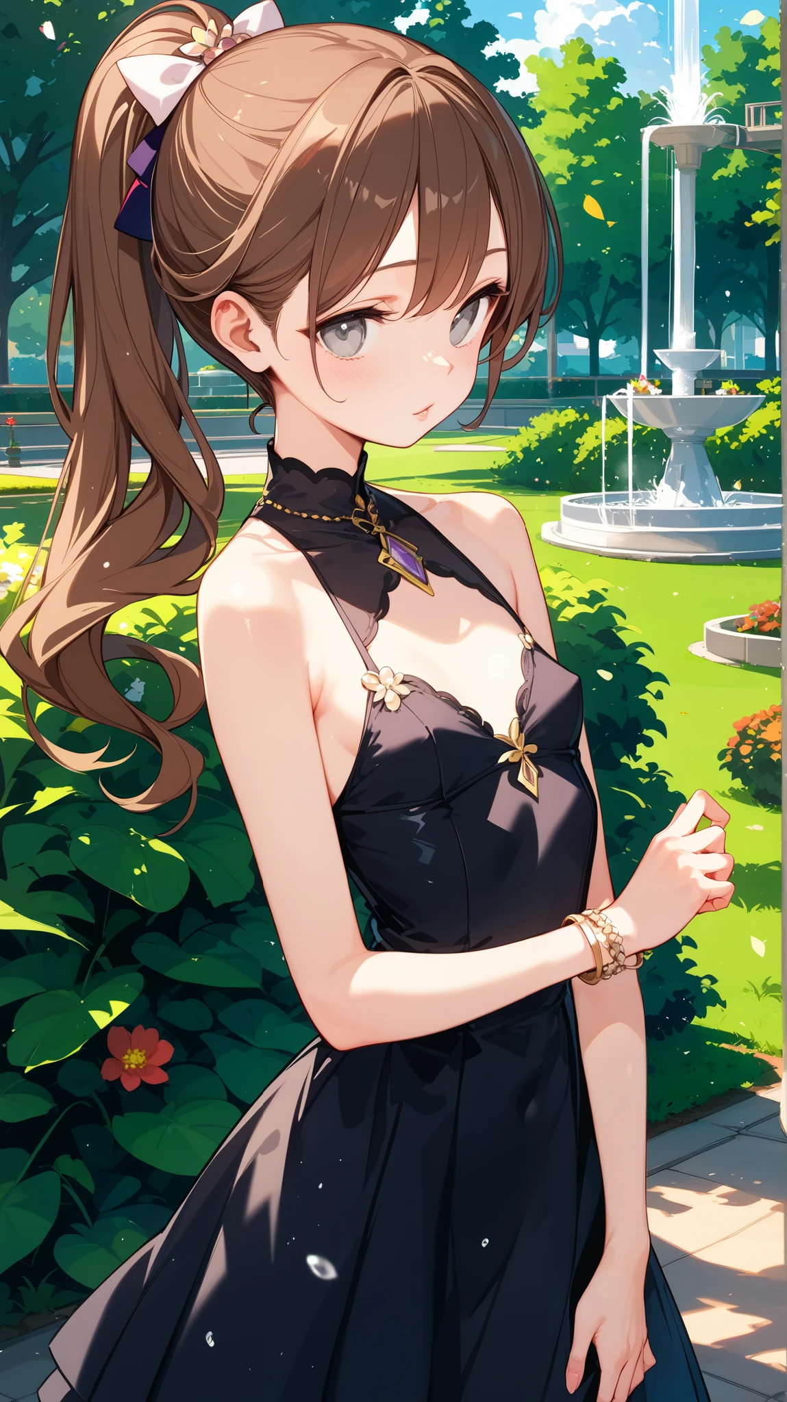  top quality:1.2、  Masterpiece  、 film grain 、 RAW photo、 one girl、 cute face、Fuller lips、Beautiful brown hair、Transparent grey eyes、 ponytail 、短い髪の ponytail 、black turtleneck dress、 small breasts、 small breasts、 slender body 、Summer Park、Park with a fountain、