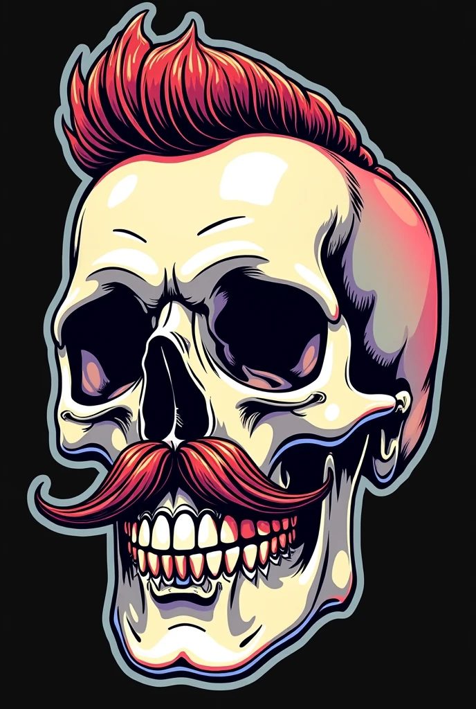 A strikingly detailed pop art sticker of a skull adorned with a handlebar mustache and a stylish posh undercut haircut against a solid black background. The image, reminiscent of a painting, features intricate line work and vibrant colors that make the skull come alive. The meticulously crafted sticker exudes a sense of sophistication and intrigue, with every tiny detail carefully considered to create a visually stunning piece. This high-quality artwork manages to blend elements of classic pop art with a modern twist, captivating viewers with its unique blend of style and creativity.