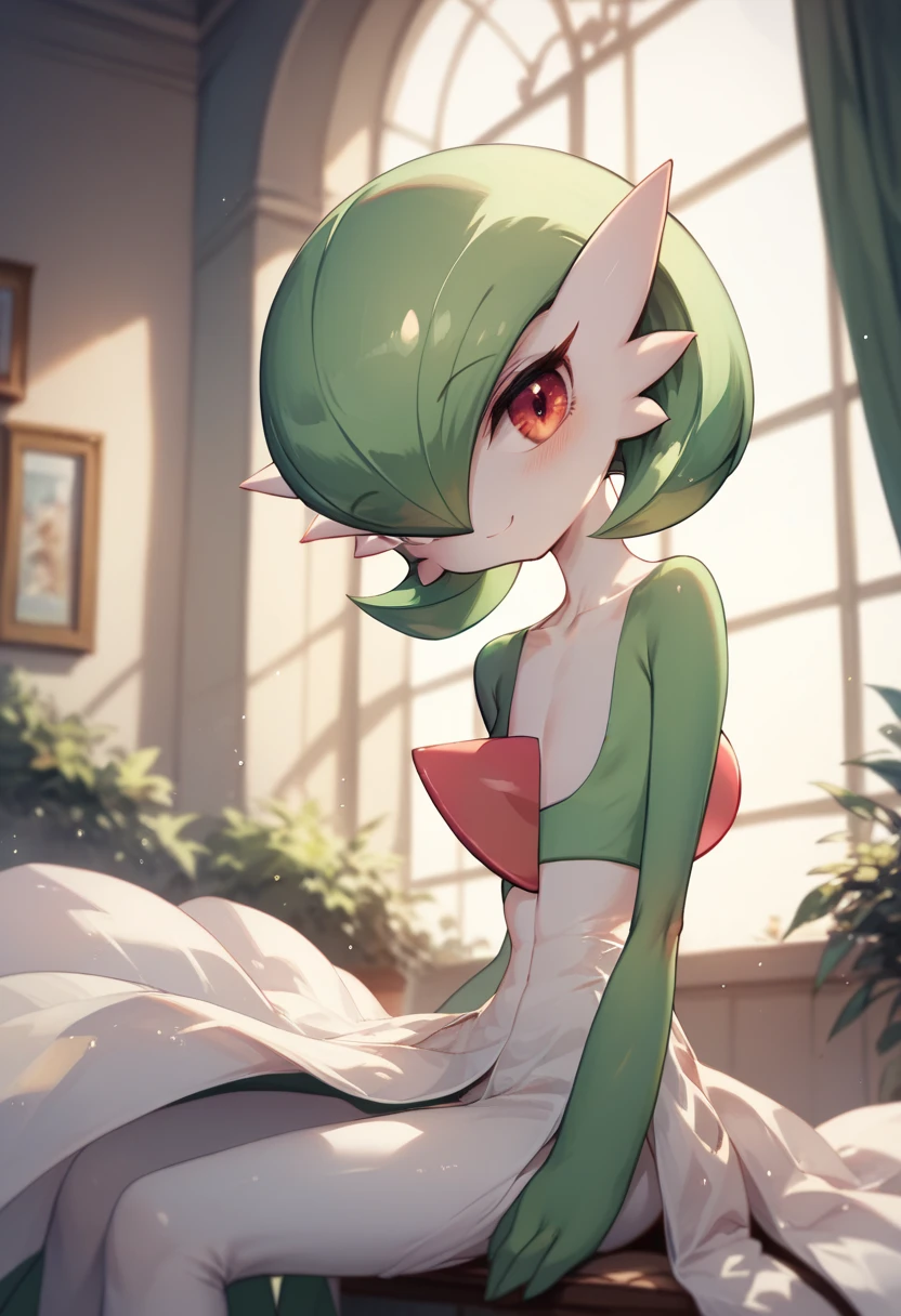 obra maestra, best_quality, 1girl, solo, gardevoir, pokemon \(criatura\), cabello verde, ojos rojos, (((vestido de sirvienta))), mansion, embarazada, maid uniform.