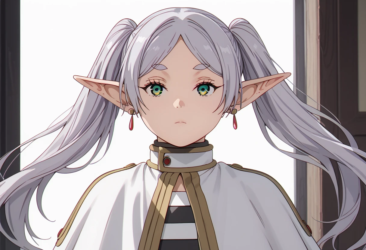 score_9_up, score_8_up, score_7_up, source_anime, detailed face,detailed body,detailed eyes,perfect eyes, Highest Quality, zzFrieren, long hair, twintails, green eyes, grey hair, pointy ears, elf, shirt, long sleeves, jewelry, earrings, striped, capelet, striped shirt, white skirt, black pantyhose,