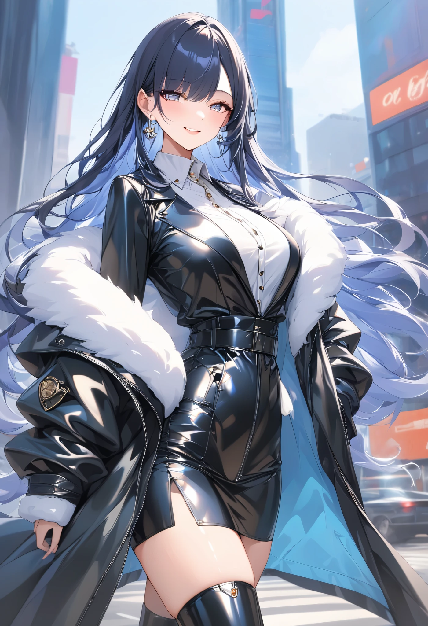 (((Best quality, 8k, Masterpiece: 1.3)), ((best quality)), ((masterpiece)), (detailed), perfect face, perfect body, (detailed skin:1.3), (intricate details), A fashionable woman wearing a sleek black leather coat, radiating elegance. Her long, glossy hair(black:1.2) cascades down to her waist, and she wears a warm, confident smile. She pairs her outfit with a beige skirt and stylish boots, showcasing impeccable style. The background is a softly lit urban street, adding a modern yet cozy atmosphere to the scene.