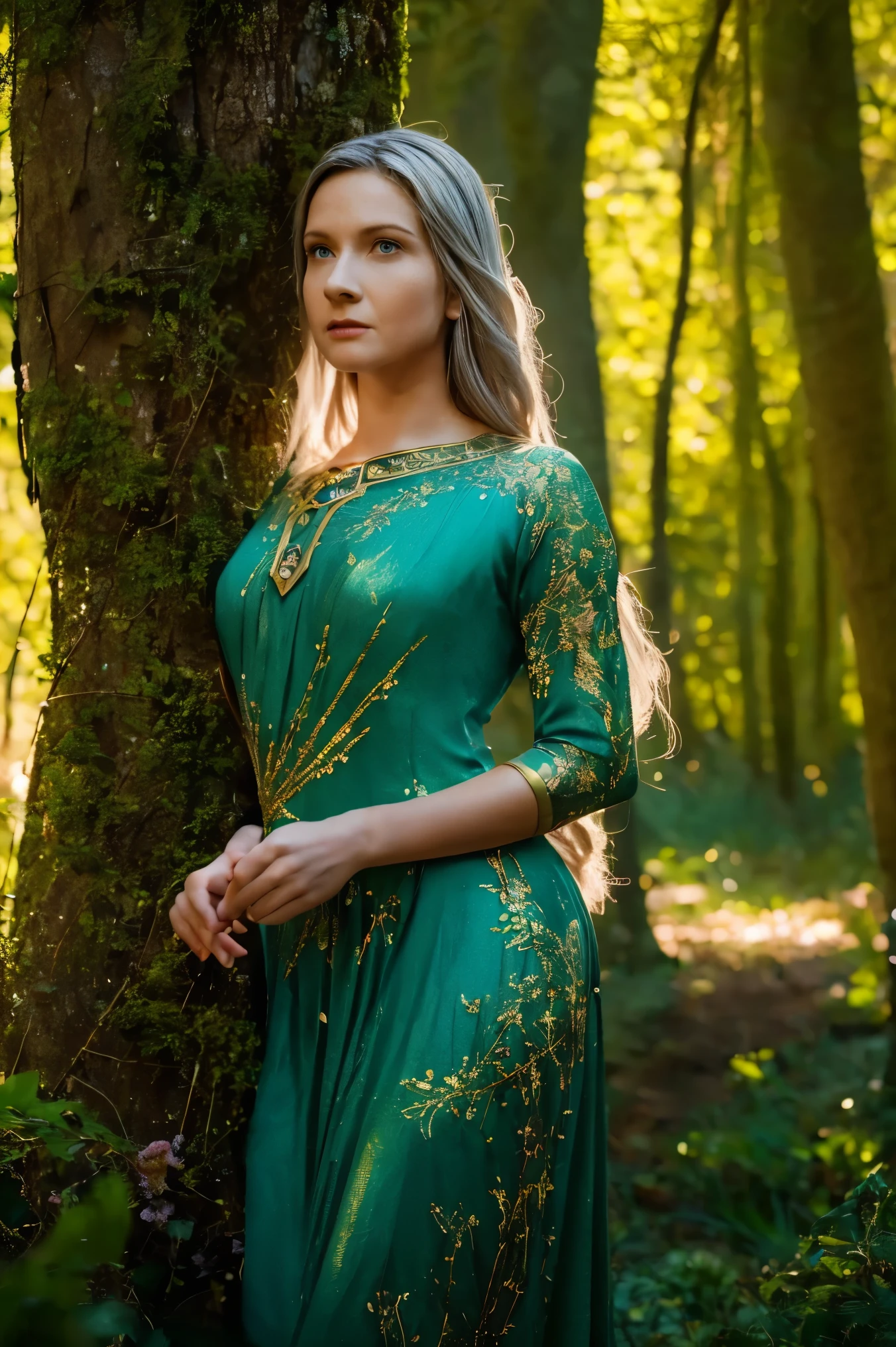 Galadriel, a radiant elven queen, standing gracefully in a magical elven forest bathed in soft, ethereal light. She is wearing a flowing green dress adorned with intricate golden embroidery, reminiscent of delicate vines and leaves, perfectly complementing the lush surroundings. Her long, silvery hair cascades over her shoulders, glowing softly in the dappled sunlight filtering through ancient, towering trees. The forest is alive with magical energy, featuring bioluminescent flowers, sparkling streams, and faint, glowing particles floating in the air. Her expression is serene and wise, her piercing eyes reflecting the timeless beauty and wisdom of the elves. The scene is infused with an otherworldly atmosphere, with fine details in the textures of her dress, the bark of the trees, and the vibrant flora. Photorealistic rendering, ultra-high-definition, with dramatic, yet soft lighting highlighting her elegance and the magical ambiance of the forest.