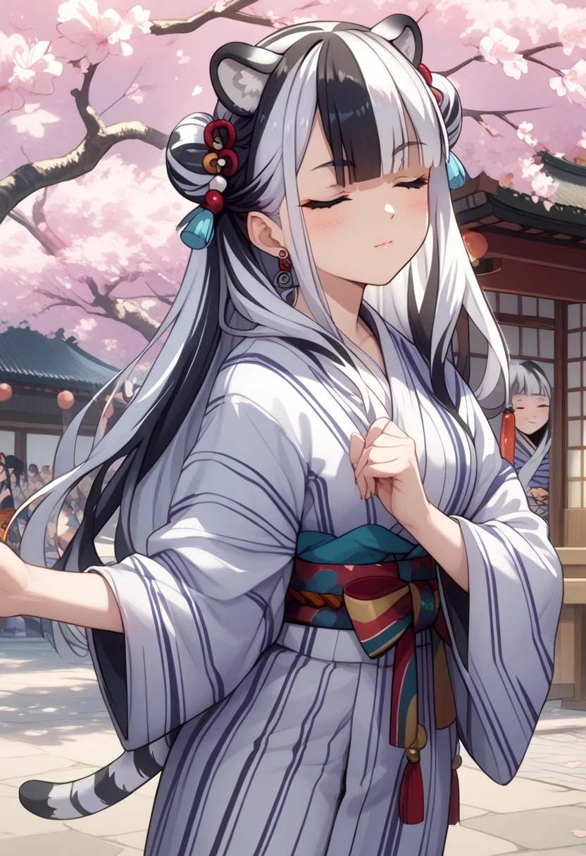 ((masterpiece)), 1girl, solo, long hair, twin buns hair style, white tiger ears, white tiger tail, closed eyes, white hair, black hair, multicolored hair, yukata, purple yukata, black yukata, multicolored yukata, japanese festival scenery.