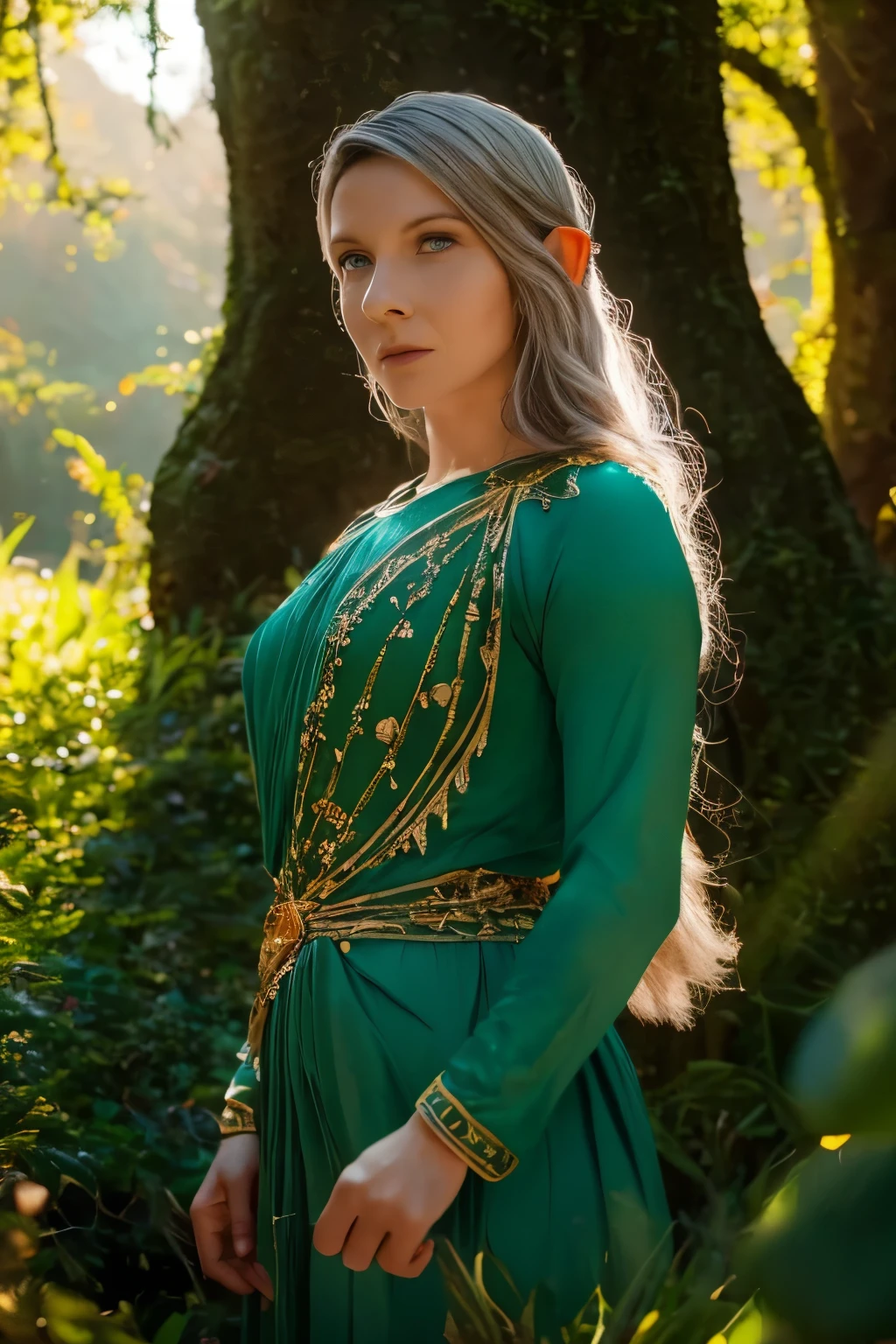 Galadriel, a radiant elven queen, standing gracefully in a magical elven forest bathed in soft, ethereal light. She is wearing a flowing green dress adorned with intricate golden embroidery, reminiscent of delicate vines and leaves, perfectly complementing the lush surroundings. Her long, silvery hair cascades over her shoulders, glowing softly in the dappled sunlight filtering through ancient, towering trees. The forest is alive with magical energy, featuring bioluminescent flowers, sparkling streams, and faint, glowing particles floating in the air. Her expression is serene and wise, her piercing eyes reflecting the timeless beauty and wisdom of the elves. The scene is infused with an otherworldly atmosphere, with fine details in the textures of her dress, the bark of the trees, and the vibrant flora. Photorealistic rendering, ultra-high-definition, with dramatic, yet soft lighting highlighting her elegance and the magical ambiance of the forest.