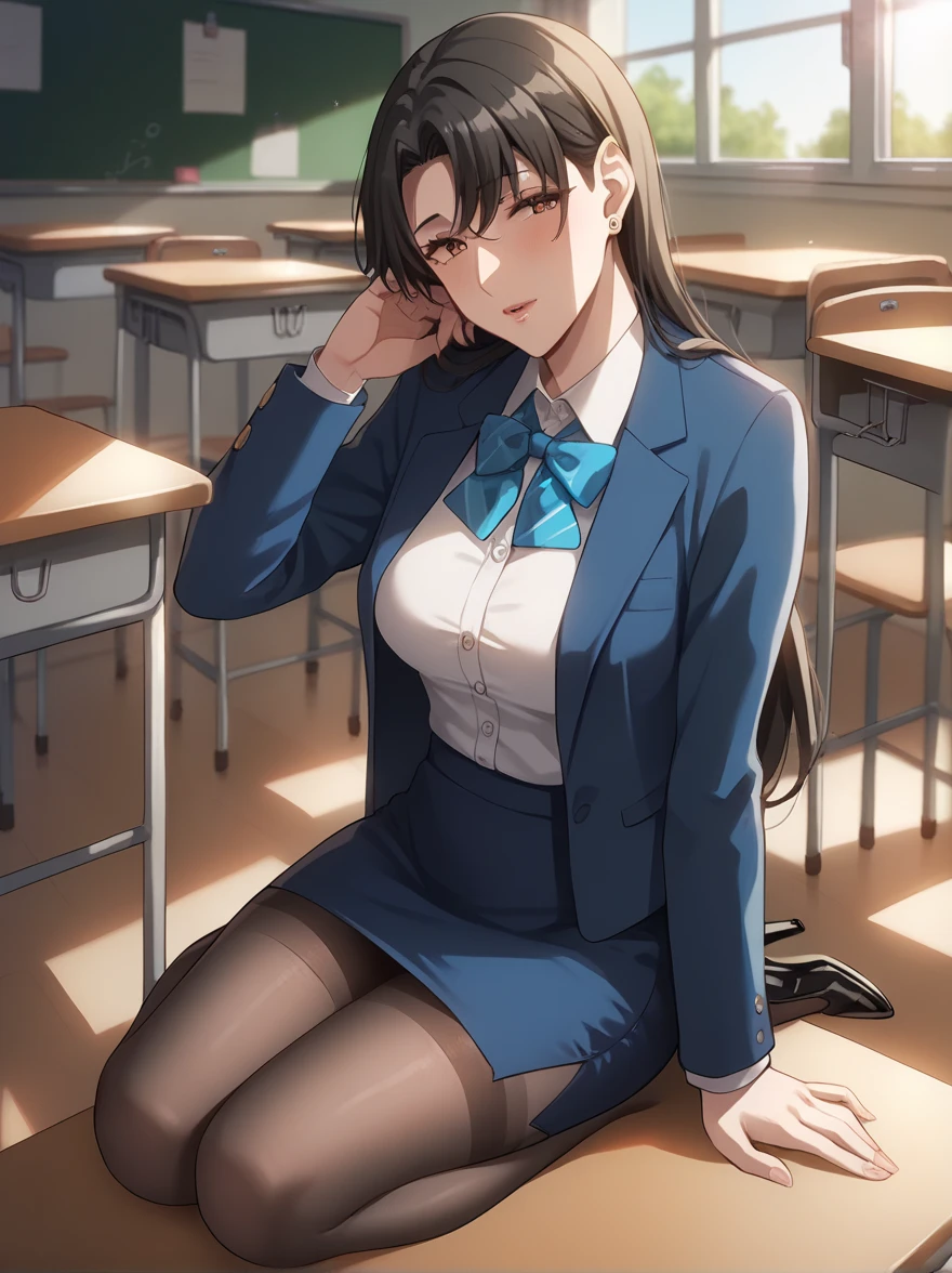 Sunohara Ikumi , 1 girl ,  mature woman , Mature Woman, Alone, black hair, long hair, bangs, Brown Eyes ,  earrings for a woman alone, clavicle, Big Breasts ,  Formal Navy Blue Jacket, white cutter shirt, Navy Blue Pencil Skirt , black stockings,Black heels, Background School Vacant Classroom ,