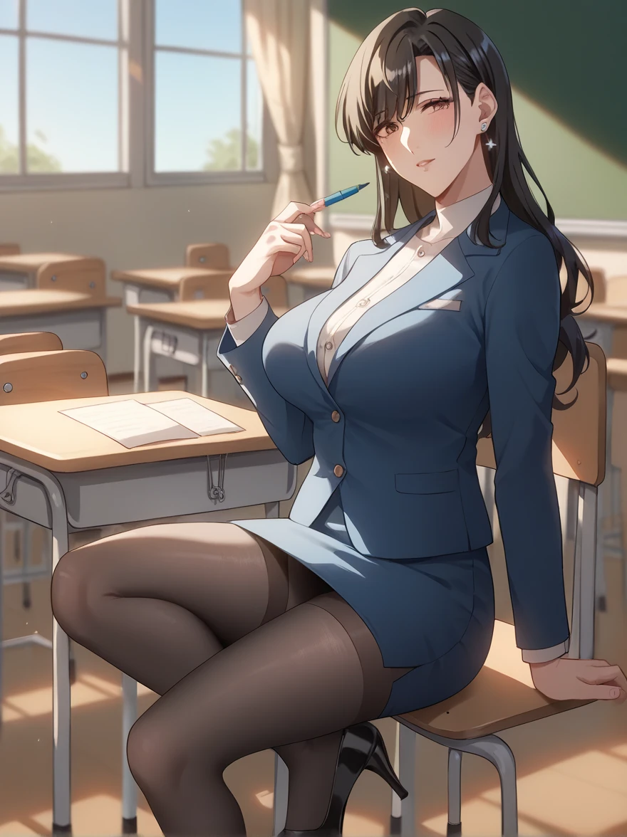 A beautiful teacher in a suit stands in the room, There is a blackboard on the wall behind her, Beautiful teacher, Sexy, aloof, Black wrapped long legs, Brown hair, Licking lips, Sony FE GM, Ultra HD, Retina, precise, masterpiece, Anatomically correct, Textured Skin, Super Detail, high quality, High Detail, best quality, high resolution, 1080P，Anime style