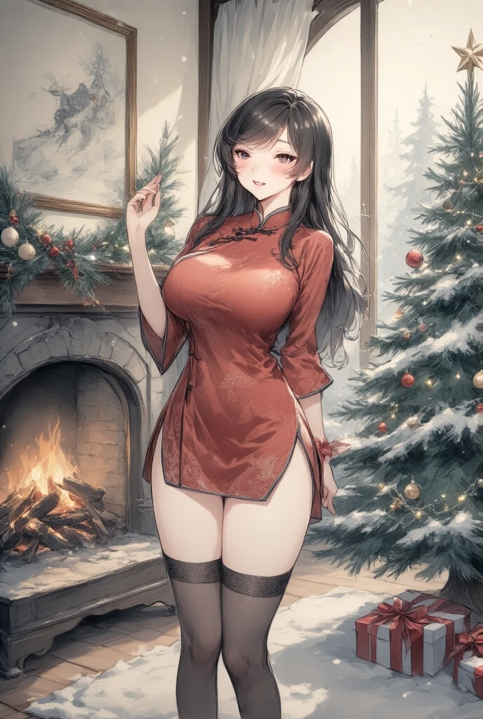 ,iaoaouaua,(A beautiful woman in a qipao and stockings,celebrating Christmas,best quality,4k,8k,highres,masterpiece:1.2),ultra-detailed,(realistic,photorealistic,photo-realistic:1.37),gorgeous long black hair,beautiful detailed eyes,beautiful detailed lips,extremely detailed eyes and face,long eyelashes,red qipao with intricate patterns,black thigh-high stockings,holding a small Christmas tree,standing in a cozy living room,soft warm lighting,fireplace in the background,Christmas decorations,ornaments on the tree,garlands and lights,traditional Chinese elements mixed with festive Christmas atmosphere,modern and elegant,shiny and glossy materials,delicate and refined,high contrast,rich colors,bokeh,vivid colors,sharp focus,physically-based rendering,professional,concept art,illustration,anime style