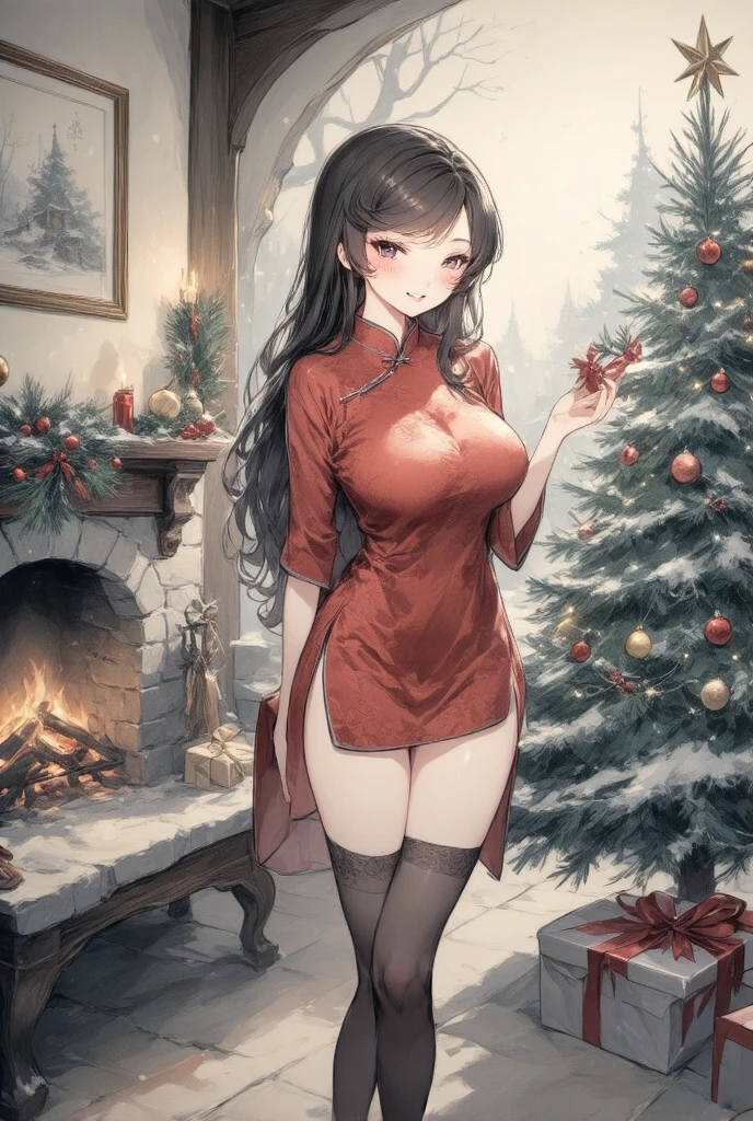 ,iaoaouaua,(A beautiful woman in a qipao and stockings,celebrating Christmas,best quality,4k,8k,highres,masterpiece:1.2),ultra-detailed,(realistic,photorealistic,photo-realistic:1.37),gorgeous long black hair,beautiful detailed eyes,beautiful detailed lips,extremely detailed eyes and face,long eyelashes,red qipao with intricate patterns,black thigh-high stockings,holding a small Christmas tree,standing in a cozy living room,soft warm lighting,fireplace in the background,Christmas decorations,ornaments on the tree,garlands and lights,traditional Chinese elements mixed with festive Christmas atmosphere,modern and elegant,shiny and glossy materials,delicate and refined,high contrast,rich colors,bokeh,vivid colors,sharp focus,physically-based rendering,professional,concept art,illustration,anime style