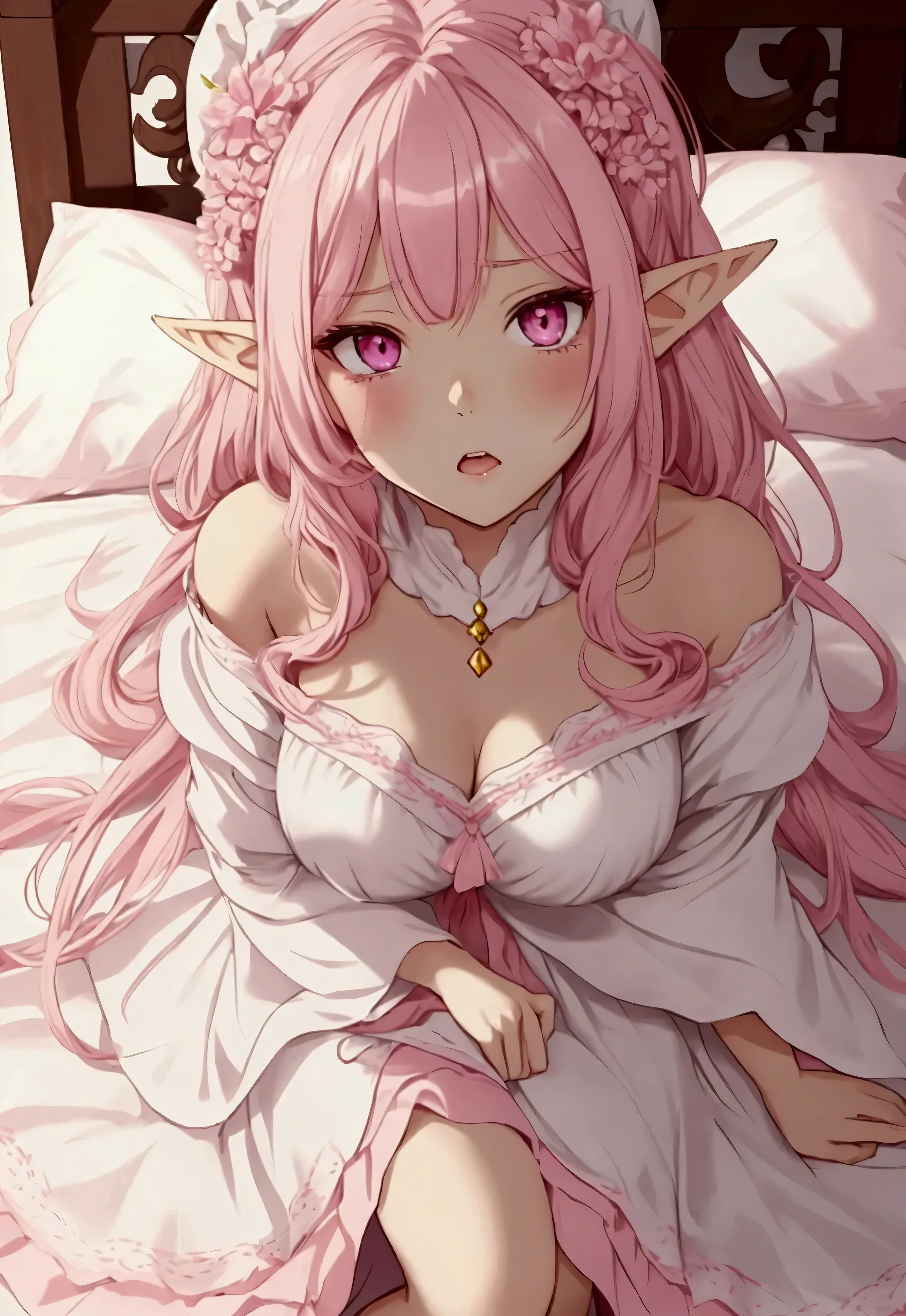 Dark skin, elf ears, pink hair, long hair, perfect curls, curly hair, selfie, pretty face, blush, pink eyes, detailed eyes, plump glossy lips, big breasts, cleavage, short skirt, sitting on bed