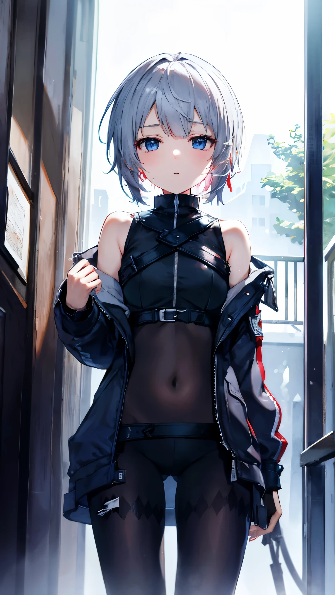  top quality、 Silver Hair、(Whitening skin)、 sky blue eyes、 very short hair,Short Hair, straight hair、Petite、、 slender、Sweaty、navel, tank top in front of urinal, jacket,fur, slender、forest、 hot pants,Snow Scene,snow pattern , boyish,