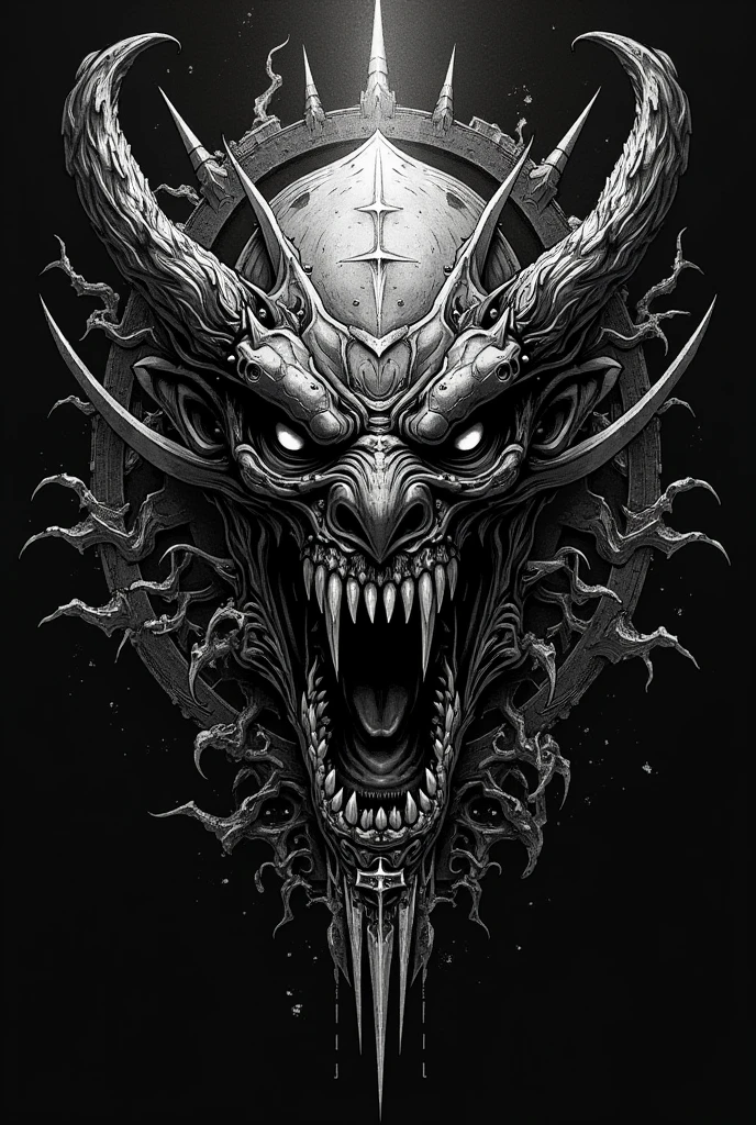 Black and white demonic logo of the word mohquetl in military style just the image without words