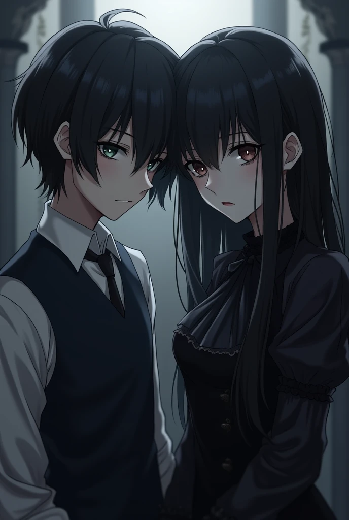 A 1 anime girl with gray hair and blue eyes wearing a short black dress and scars covering her body hugging a 2 young man with brown hair and green eyes with sharp and serious features in a formal suit 