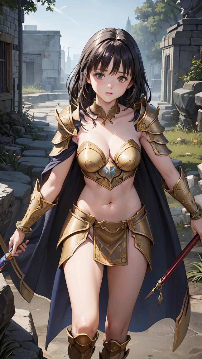 top-quality, 8K, ultra - detailed, (short hair brown hair:1.3), A Japanese lady, On the table, Best quality at best, A high resolution, realistic skin textures, armour, (realisticlying: 1.4), A high resolution, RAW photogr, 1 beautiful women, Glossy glossy skin, (skin detailed: 1.4), realistic skin textures, better lighting, cheerful, dramatic lights, (Background of Greek temple walls: 1.3), (nigh sky: 1.1), kosmos, milky ways, (shelmet: 1.2), suntanned skin, (golden breastplate: 1.4), (shelmet), firey, serius face, golden armour, 20yr old, (lightning effects:1.1), (make your breasts bigger:1.6)
