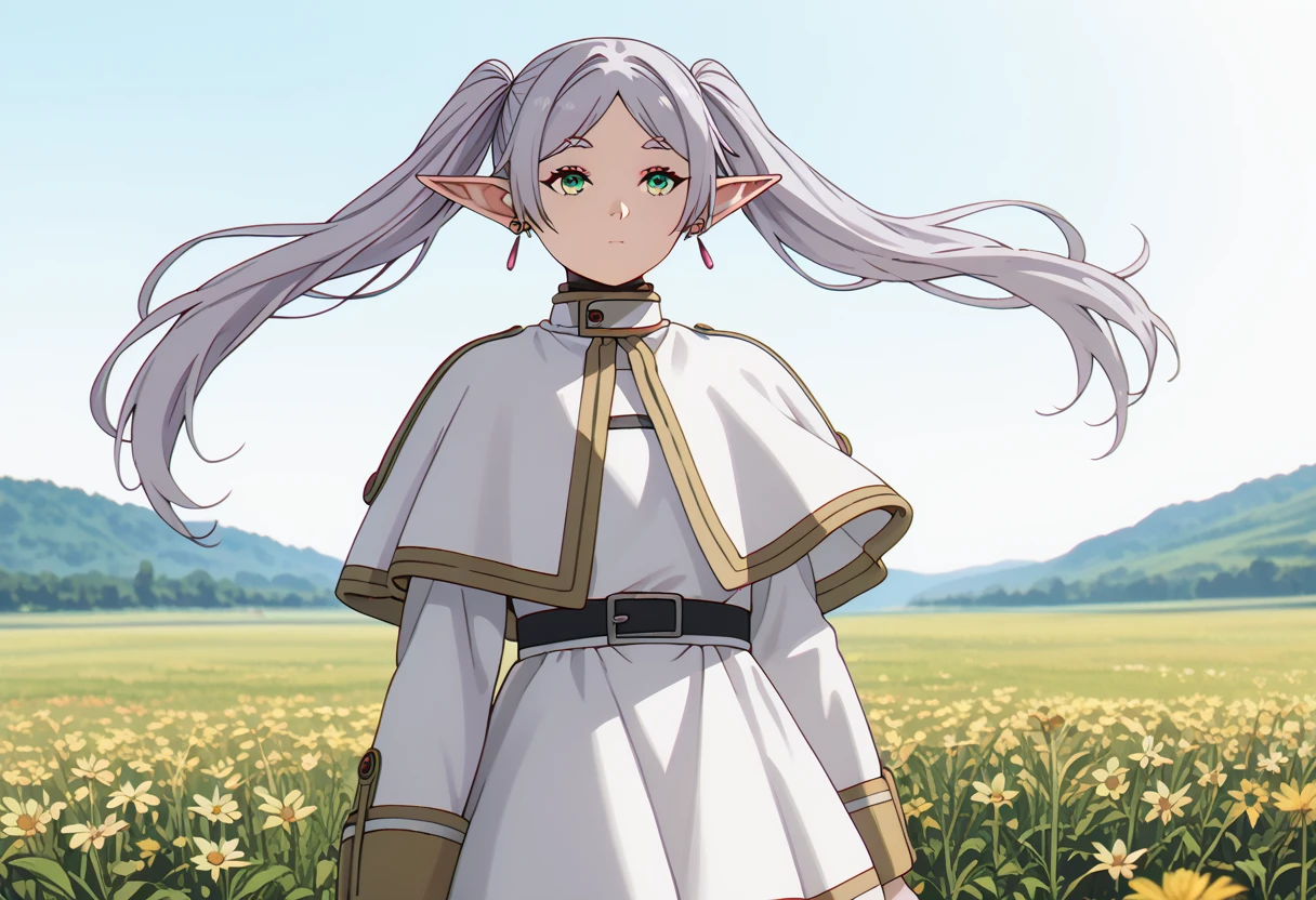 score_9_up, score_8_up, score_7_up, source_anime, detailed face,detailed body,detailed eyes,perfect eyes, Highest Quality, zzFrieren, long hair, twintails, green eyes, grey hair, pointy ears, elf, shirt, long sleeves, jewelry, earrings, striped, capelet, striped shirt, white skirt, black pantyhose,fullbody,glassfield