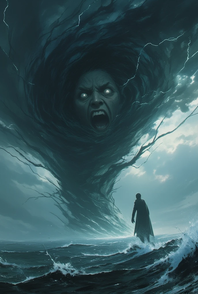 a violent tornado, in the ocean. the sky is dark, with lightning. a subtle human face is morphed onto the tornado. the face is facing the camera, its expression is one where it is shouting in pain.