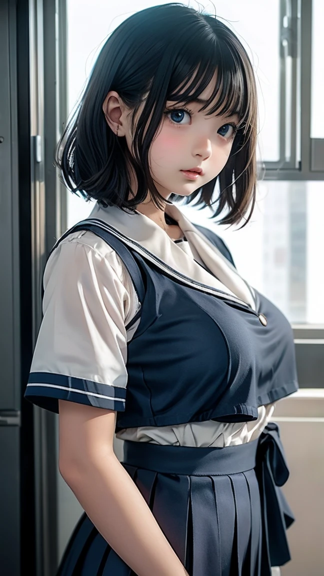 ((((Perfect body)))), ((solo))))), (1 girl)))), (cowboy shot)))), ((from below)), (dutch angle)))), (wide shot)), (best quality, 8k, 32k, masterpiece, UHD: 1.3), (Japan attractive female photo), (cute))), (18 years old), (large breasts: 1.3))))), ((sailor school uniform))))), (very big)))), (bowl cut hair)), ((bob cut)), ((thin waist)), ((big buttocks)), (thick thighs))), (light brown black hair), ultra-detailed face, detailed lips, fine eyes, double eyelids, beautiful skin, ((blush: 1.3)), (( blushful: 1.3)), ((in the city)), (daytime), ((head tilt)), (seductive), ((excited: 1.2)), (sweaty))), ((sexual innuendo))),