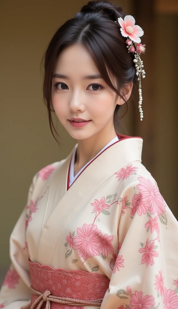 A traditional Japanese woman wearing a kosode with floral patterns, featuring soft beige and pink tones, tied with a narrow maroon bash. The kosode has short sleeves typical of its design and is styled elegantly,