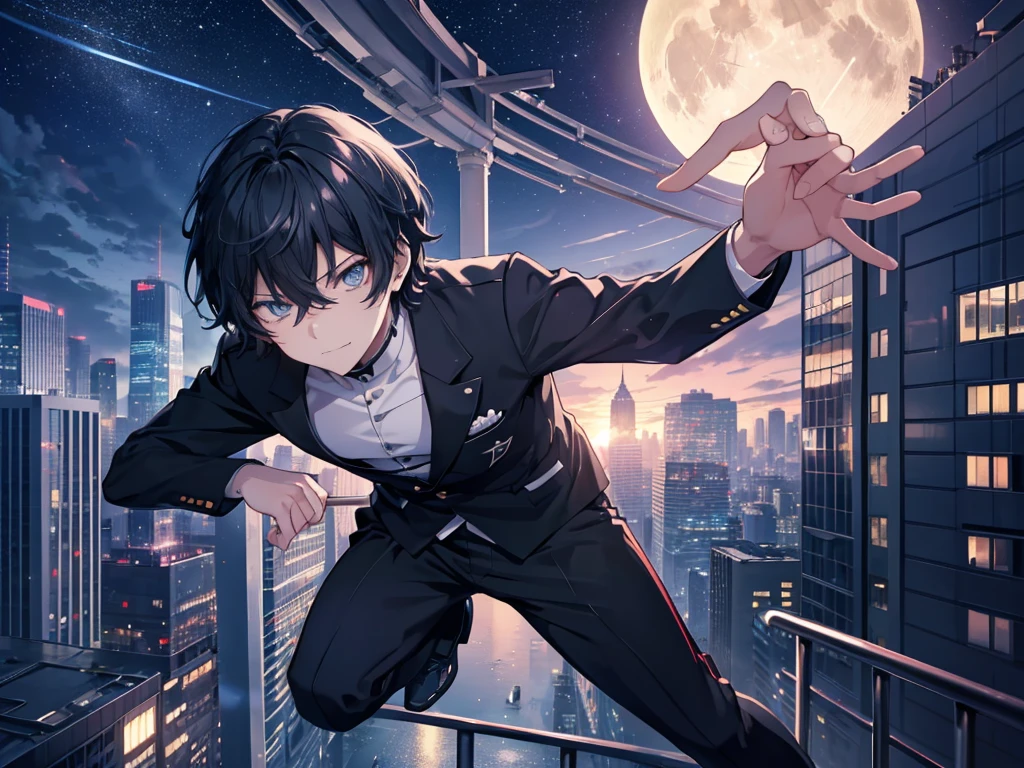 Short straight black hair,Black Despicable Me , {{{smirking face }}}, Put one hand on the ground,  sky full of stars,  window lights in multiple buildings, {{{{{ Illustration of a Young Man }}}}},1boy,  Leaping Poses , Parkour, {{{{{ Moving by Jumping on the Rooftop of a Building }}}}},  Highlighted Perspective ,  Persona series style illustration , (8k,  top quality ,  Masterpiece  :1.2), (Eye details\), (Clothing Details), (whole body:1.3),  Highly Detailed CG Unity 8K Wallpaper , large file size, very detailed, high definition , absurd,  beautiful eyes , ray tracing,Dramatic Shadows, Finer Details ,elevation, Hyper Details,(1:1.3),(Alone), Skyscraper,  full moon, Acrobatic composition ,