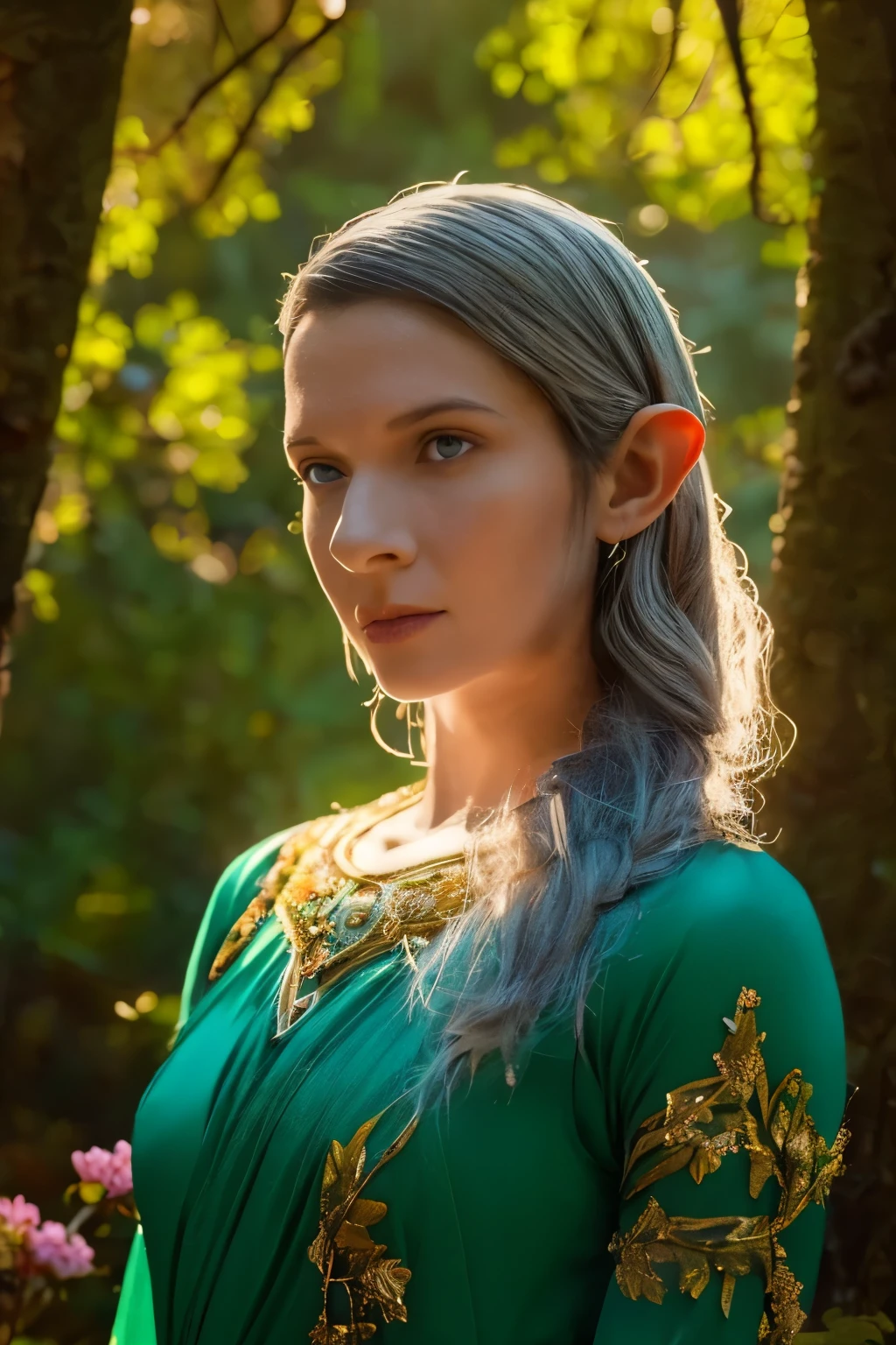 Galadriel, a radiant elven queen, standing gracefully in a magical elven forest bathed in soft, ethereal light. She is wearing a flowing green dress adorned with intricate golden embroidery, reminiscent of delicate vines and leaves, perfectly complementing the lush surroundings. Her long, silvery hair cascades over her shoulders, glowing softly in the dappled sunlight filtering through ancient, towering trees. The forest is alive with magical energy, featuring bioluminescent flowers, sparkling streams, and faint, glowing particles floating in the air. Her expression is serene and wise, her piercing eyes reflecting the timeless beauty and wisdom of the elves. The scene is infused with an otherworldly atmosphere, with fine details in the textures of her dress, the bark of the trees, and the vibrant flora. Photorealistic rendering, ultra-high-definition, with dramatic, yet soft lighting highlighting her elegance and the magical ambiance of the forest.