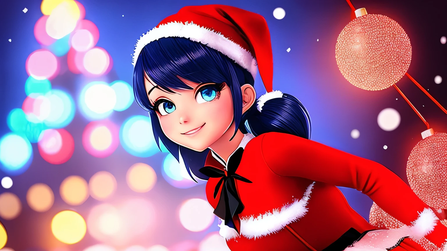 a ladybug, dressed in Christmas clothes, sparkly, twintails, Christmas lights in the background