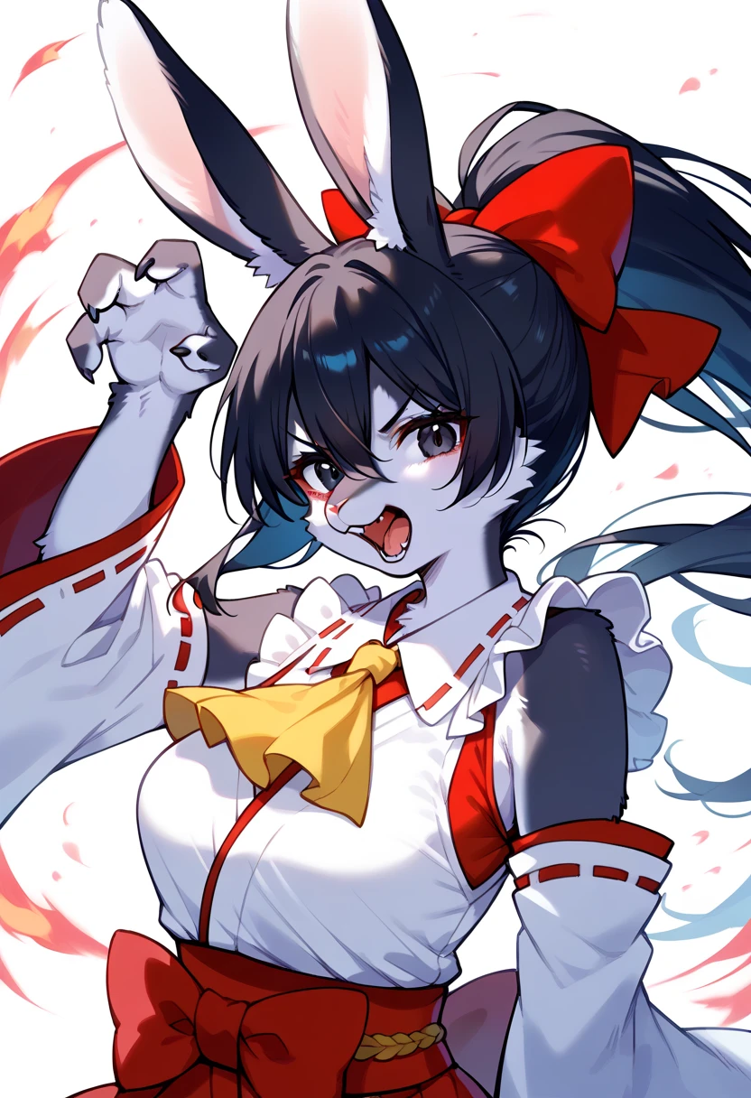 score_9, score_8_up, score_7_up, score_6_up, score_5_up, score_4_up, source_anime, best quality, amazing quality, very aesthetic, absurdres, 1girl, (furry, kemono:1.3), rabbit, rabbit girl, rabbit ears, open mouth, hair tubes, black hair, hair between eyes, black eyes, long hair, sidelocks, v-shaped eyebrows, ponytail, detached sleeves, hair bow, ascot, wide sleeves, frills, ribbon-trimmed sleeves, long sleeves, nontraditional miko, ribbon trim, vest, white sleeves, japanese clothes, skirt, shirt, looking at viewer, bow, solo, upper body, foreshortening, red bow, yellow ascot, teeth, frilled bow, cool pose, dynamic pose, dramatic, action pose, motion blur, motion line, motion outline, battle effect, red aura, attack,