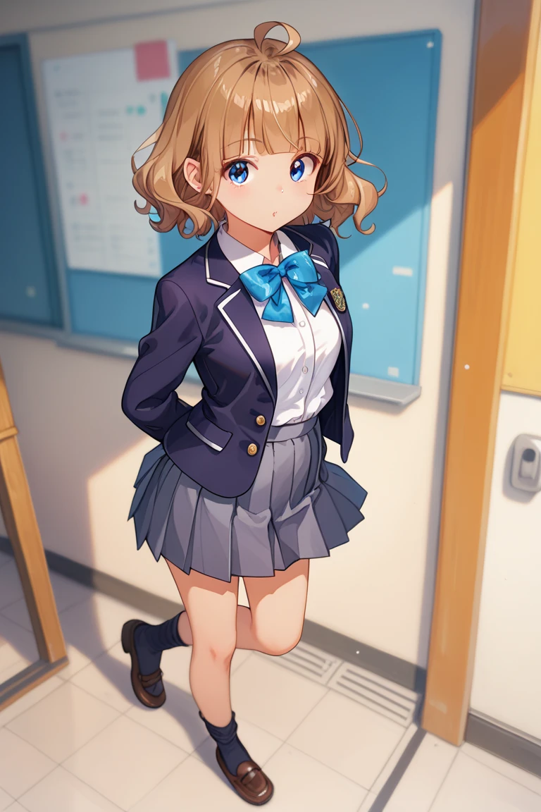 1girl, solo, full body, 
suou momoko, ahoge, short hair, brown hair, light brown hair, blue eyes, eyebrows visible through hair, wavy hair, blunt bangs
((japanese school uniform, white shirt, skirt, Pleated skirt, blue skirt, ribbon tie, blazer)),
(masterpiece、Highest quality、Very detailed)), One girl, gyaru,
cute, kawaii, high resolution, masterpiece,