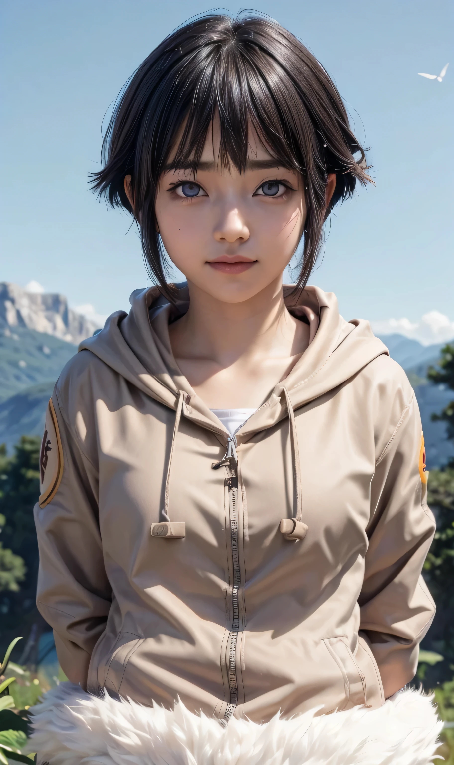 masterpiece, best quality, (realistic,photo-realistic:1.4), (RAW photo:1.2), extremely detailed CG unity 8k wallpaper, delicate and beautiful, amazing,finely detail, official art, absurdres, incredibly absurdres, huge filesize, ultra-detailed,extremely detailed eyes and face,light on face,hinata,(little smile),(black hair:1.4),,(wearing brown hooded jacket:1.5),(nature background:1.4),(detailed eyes:1.5),skirt,(short hair:1.5),zipper