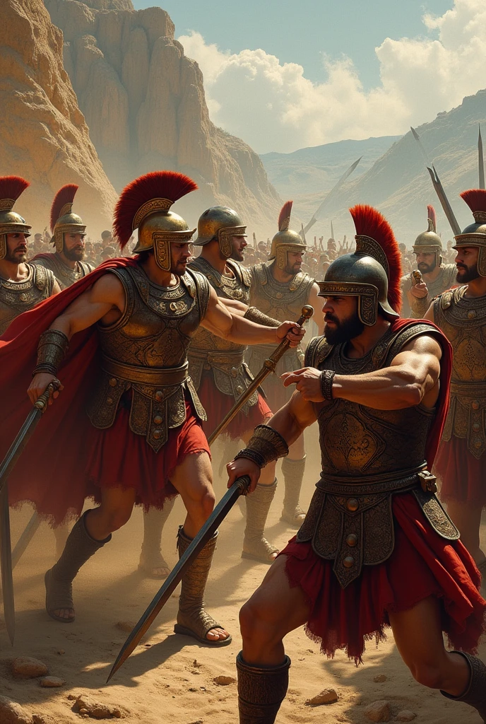 there are many men wearing helmet and linothorax in the RAW photo are holding spears and shields, leading spartans into battle, trojan war, age of empires, a RAW photo, epic battlescene, 1 2 0 0 , in battle, distant battle of cannae 216 bce, ancient battlefield, mixed art, promo RAW photo, crusader kings 3, leading a battle, loadscreen”