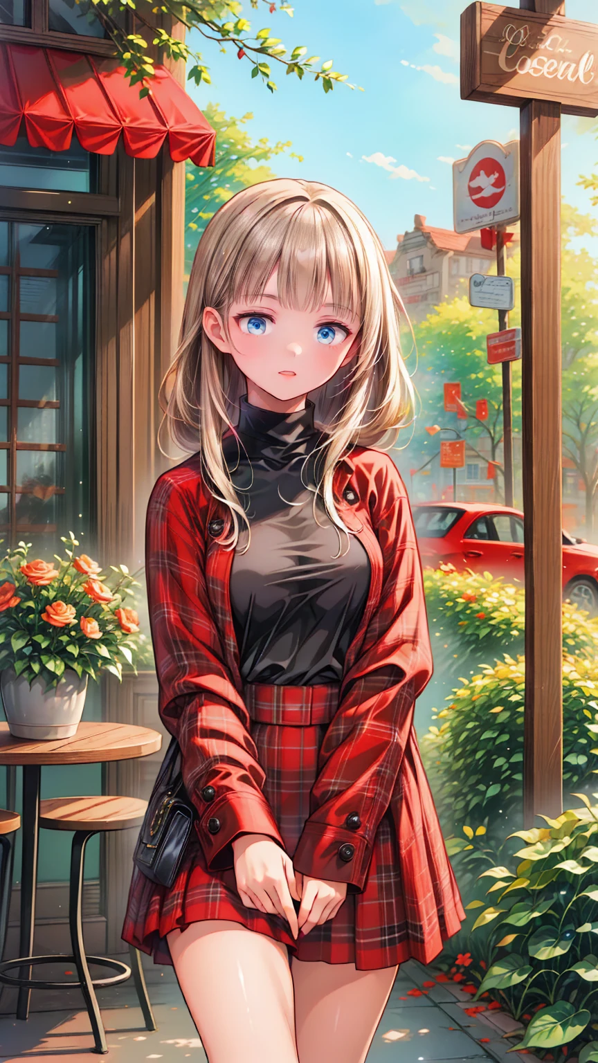 " Detailed illustration of a young girl standing in front of a cozy coffee shop.  she has long blond hair 、 wears a black turtleneck ,  red skirt , and、large plaid coat .  the coffee shop behind her 、 warm lighting with visible signs .  the mood is calm and peaceful 、 the sky is slightly overcast ,  should add coziness , Autumn atmosphere. The scene includes、 includes city elements such as signs and outdoor chairs .  The overall art style is soft 、 semi-realistic , with an anime-style aesthetic."
