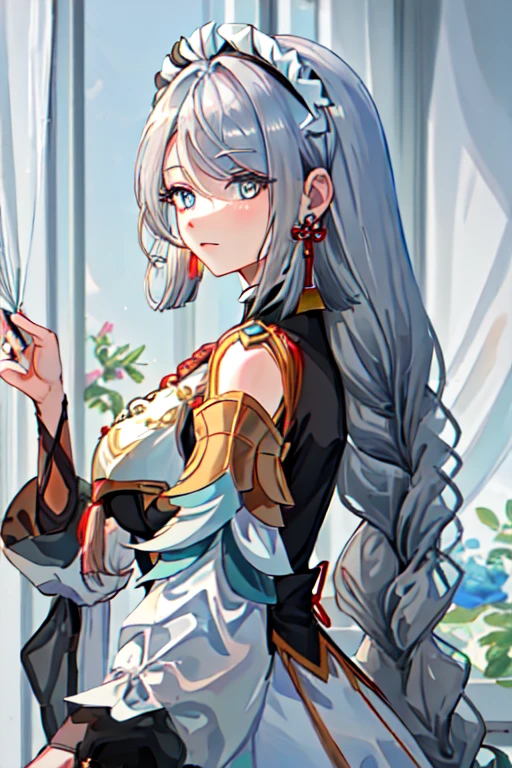 best quality, masterpiece, highres, solo, {maid:1.40}, {long maid dress:1.15}, {shenhe_genshin:1.15}, long_hair, blue_eyes, bangs, hair_over_one_eye, breasts, hair_ornament, large_breasts, jewelry, grey_hair, white_hair, tassel, earrings, very_long_hair, braid, breast_curtain