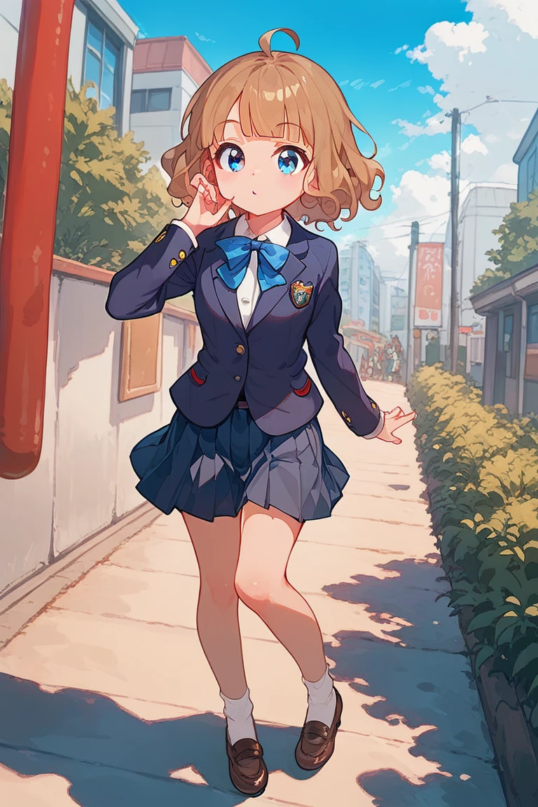 1girl, solo, full body, 
suou momoko, ahoge, short hair, brown hair, light brown hair, blue eyes, eyebrows visible through hair, wavy hair, blunt bangs
((japanese school uniform, white shirt, skirt, Pleated skirt, blue skirt, ribbon tie, blazer)),
(masterpiece、Highest quality、Very detailed)), One girl, gyaru,
cute, kawaii, high resolution, masterpiece,