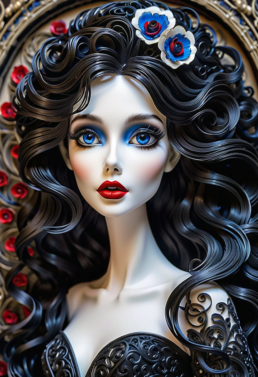 “The Dying European Bride by Tim Burton, intricately drawn in ink on rough paper.With striking red lips and lifelike blue eyes in 3D, this elegant masterpiece is an alluring, beautiful high-definition creation with dramatic quilling and mystical, fantasy art elements, it depicts hair on fire. 