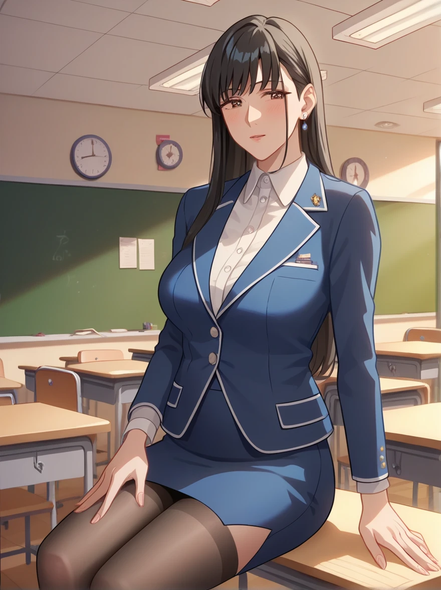 Sunohara Ikumi , 1 girl ,  mature woman , Mature Woman, Alone, black hair, long hair, bangs, Brown Eyes ,  earrings for a woman alone, clavicle, Big Breasts ,  Formal Navy Blue Jacket, white cutter shirt, Navy Blue Pencil Skirt , black stockings,Black heels, Background School Vacant Classroom , Late Night, viewers,  textured skin,  anatomically correct, masterpiece,  high definition , accurate, 最 High Quality ,  High Details ,  High Definition Model,  High Quality ,  very detailed,  Ultra High Definition, 8k octane, 