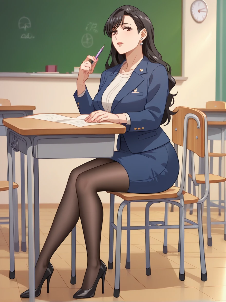 Sunohara Ikumi , 1 girl ,  mature woman , Mature Woman, Alone, black hair, long hair, bangs, Brown Eyes ,  earrings for a woman alone, clavicle, Big Breasts ,  Formal Navy Blue Jacket, white cutter shirt, Navy Blue Pencil Skirt , black stockings,Black heels, Background School Vacant Classroom , Late Night, viewers,  textured skin,  anatomically correct, masterpiece,  high definition , accurate, 最 High Quality ,  High Details ,  High Definition Model,  High Quality ,  very detailed,  Ultra High Definition, 8k octane, 