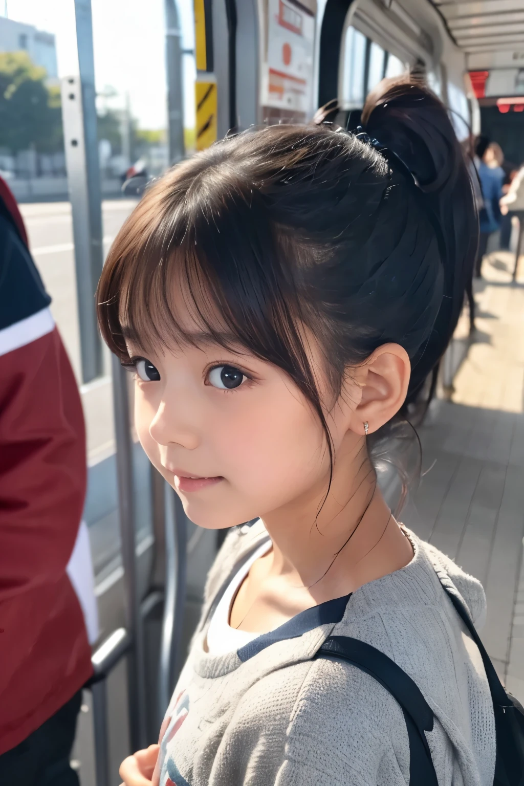 There is a young girl standing at a bus stop waiting for a bus - SeaArt AI