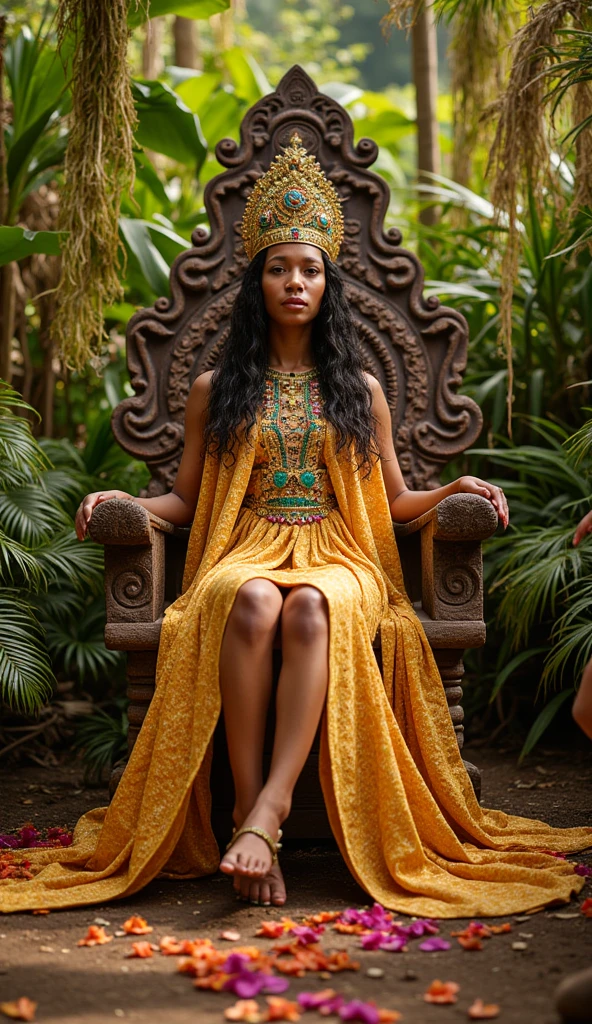 there is an charming and aggressive African-American woman from the Bronx with long cerulean wavy hair sitting in a chair with her elegant legs crossed, wearing thick chunky ornate stacked diamond necklaces, dressed in a luxurious robe sitting on her throne, ekaterina, wearing expensive luxury black-colored-with-red-bottom heels with perfect pedicured toenails with pretty perfect feet, tattooed arms and legs, large clay vases holding tall cannabis sativa plants, Egyptian revival master bedroom
