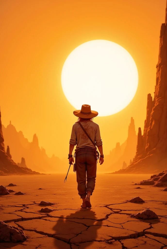 A solitary wanderer strides across an expansive, sun-baked plain under an unforgiving midday sun. The ground beneath their feet is a patchwork of cracked earth, with small whirlwinds of fine dust spiraling into the dry, shimmering air. Their wide-brimmed hat, weathered and frayed at the edges, is tilted low to shield their face from the relentless glare. Sweat glistens on their sunburned skin, and their tattered clothing clings to their frame, streaked with dirt from countless days on the road. The horizon stretches endlessly, broken only by jagged, hazy silhouettes of distant peaks, their outlines wavering in the oppressive heat. The sky is a gradient of vibrant orange and blinding white, amplifying the scene's intensity and the traveler's palpable exhaustion. Every step carries a sense of determination, tempered by the weight of solitude and the harshness of the unforgiving wilderness.