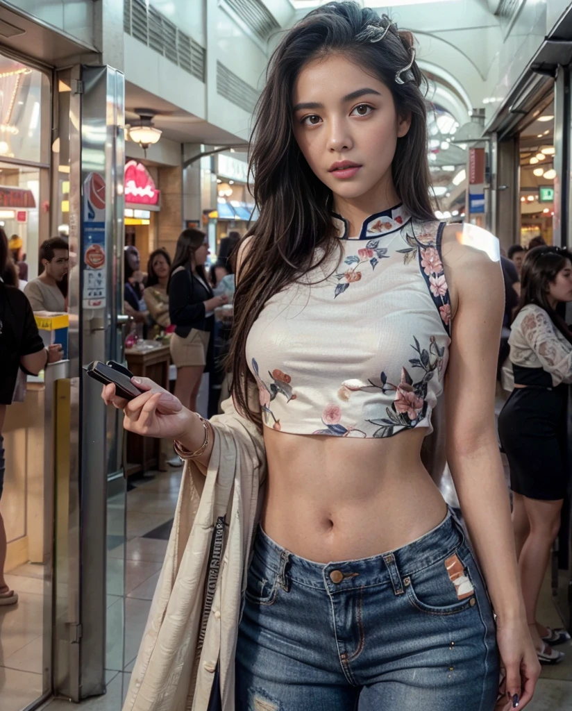 ((Best Quality, 8K, Masterpiece: 1.3)), (Flower Hat: 1.3), Focus: 1.2, Perfect thin Body Beauty: 1.4, Buttocks: 1.2, (Layered Haircut: 1.2)), (Dark Street: 1.3), Highly detailed face and skin texture, Full body, Fine eyes, Double eyelids, Whitened skin, Long hair, (Round face: 1.5), (Loose crop top, Shorts: 1.6) cleavage prominent pleated skirt medium breasts leaking long legs, ((dubai Mall)), cleavage, neckline 