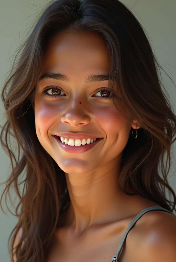(full shot) of young woman, petite build, short brown messy bun hair, native american, tan skin, dark green eyes, smiling, detailed face, wearing clothes and shoes, ,Masterpiece,best quality, raw photo, realistic, very aesthetic
